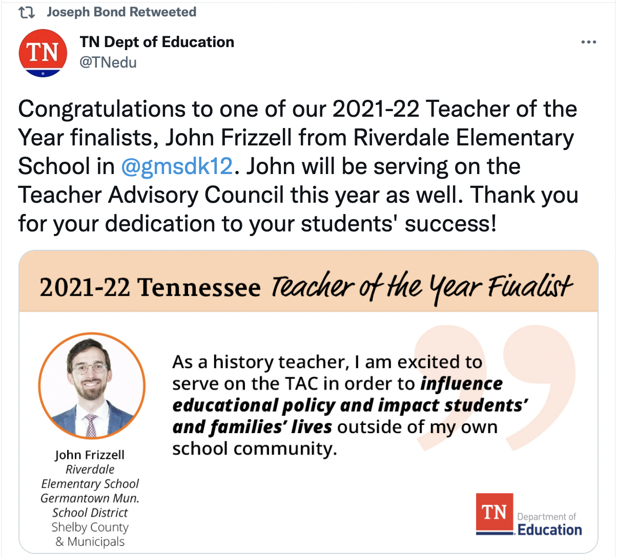 retweeted message from Mr. Bond from TN Dept of Education